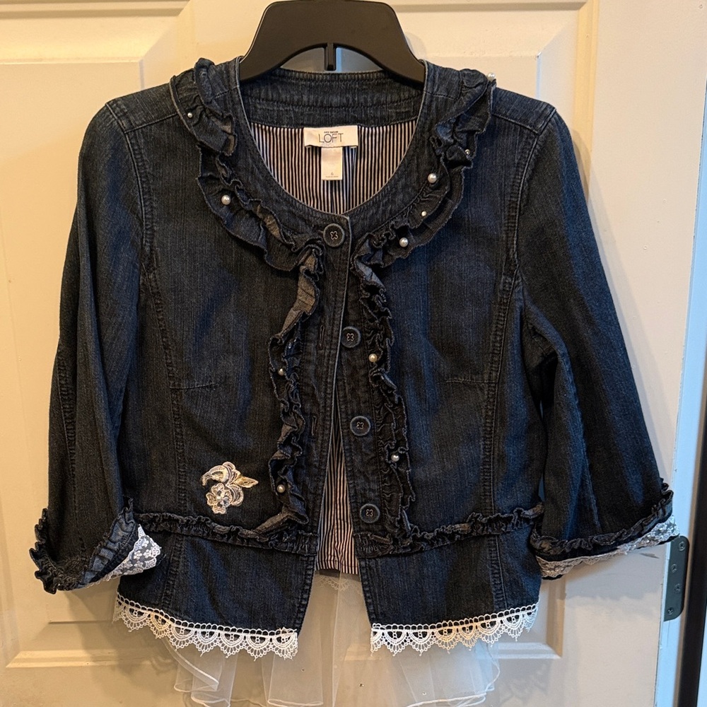 LOFT Girls' Dark Blue Denim Jacket with Ruffle and Lace